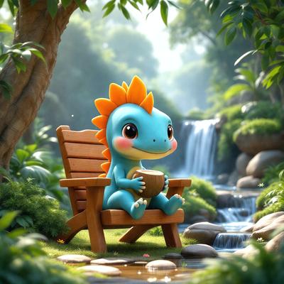 Primary subject: A cartoon dinosaur sitting on a wooden bench.

Setting/background: The dinosaur is sitting in a forest, surrounded by trees and a waterfall.

Visual style: The image is a digital art or illustration.

Colors and mood: The image has a vibrant and lively color scheme, with the dinosaur being predominantly blue and the surrounding environment being green and brown. The overall atmosphere is cheerful and playful.